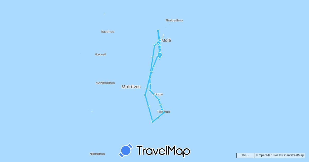 TravelMap itinerary: plane, boat in Maldives (Asia)