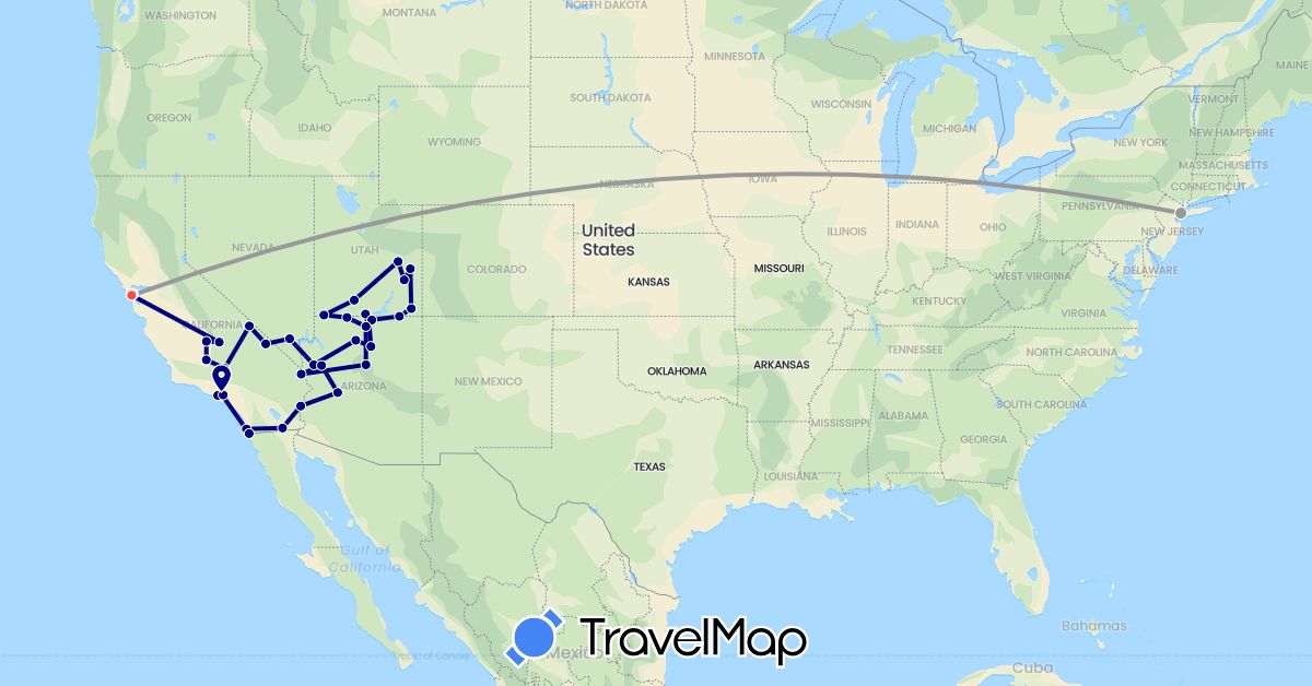 TravelMap itinerary: driving, bus, plane, hiking in United States (North America)